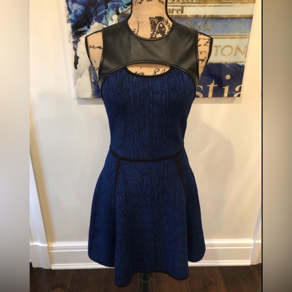 Cut25 by Yigal Azrouel Dresses & Skirts - Sleeveless Blue Textured Fit & Flare Dress with Faux Leather Yoke